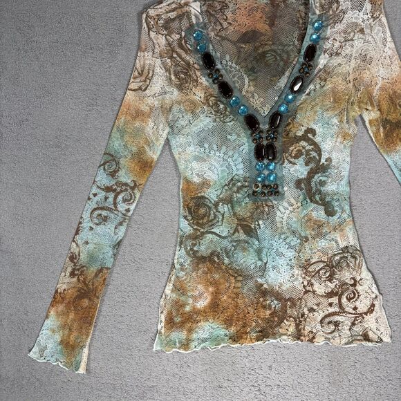 Boston Proper Lace Mesh Stretch Top Size XS Artsy Boho Layering Sheer Y2K Grunge - Picture 4 of 16